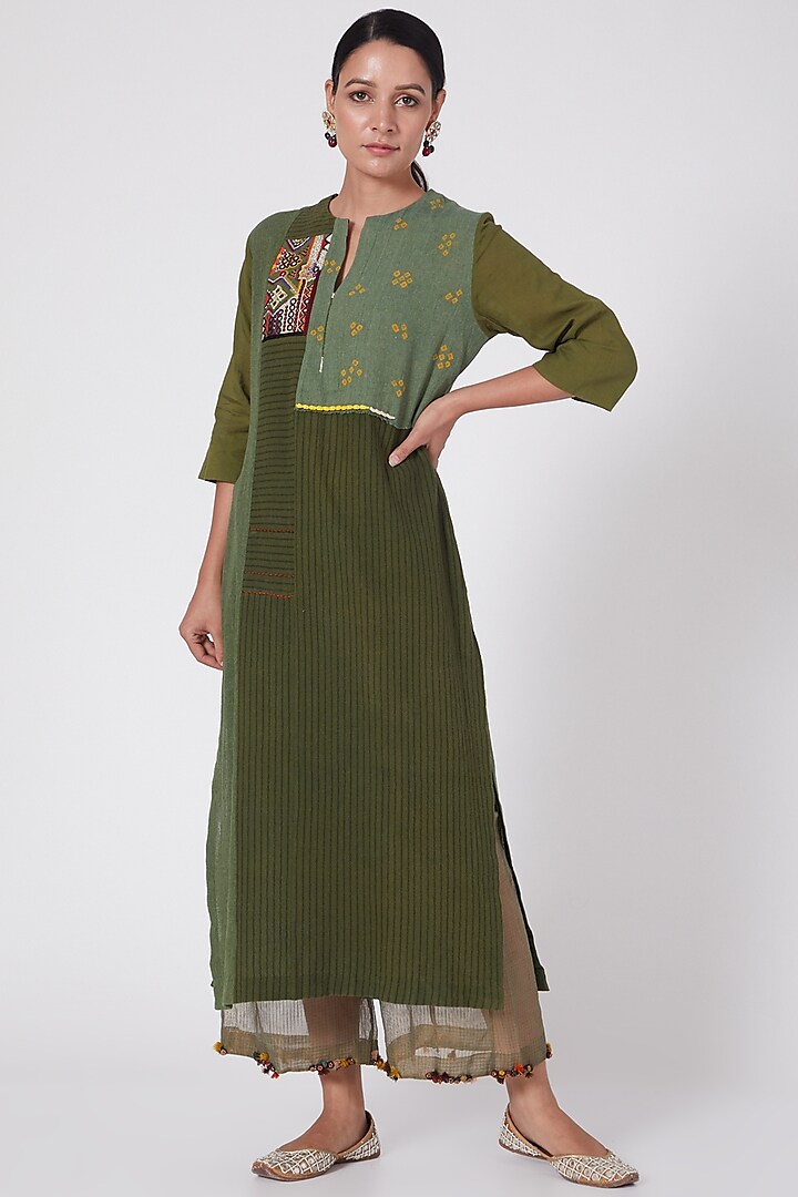 Green Hand Embroidered Asymmetrical Tunic by Medha