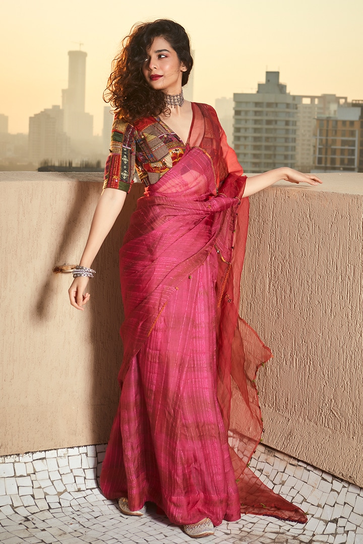 Dark Pink Digital Bandhani Printed Chiffon Saree With Tassels