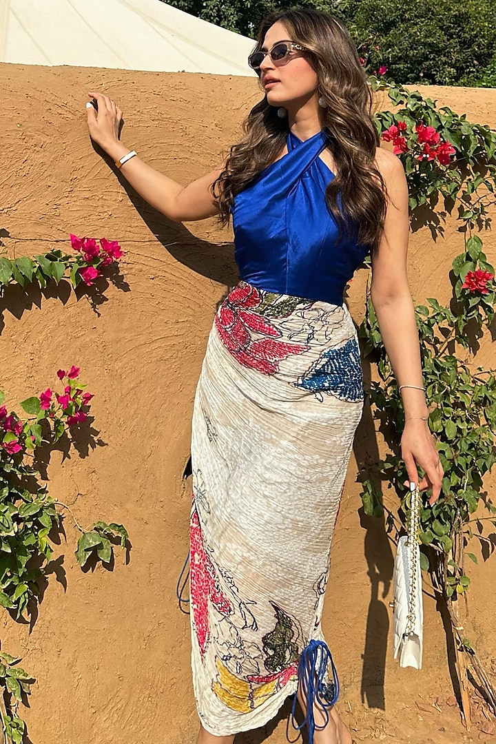 Blue & Ivory Silk Bandhani Printed Maxi Dress by Saaksha & Kinni
