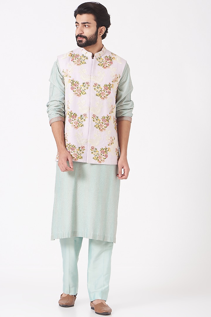 Lilac Linen Satin Resham Embroidered Bundi Jacket by Mehraab Men