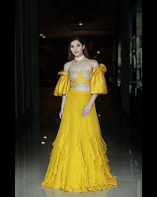 Yellow Machine Embroidered  Ruffled Lehenga Set by Varun Chakkilam