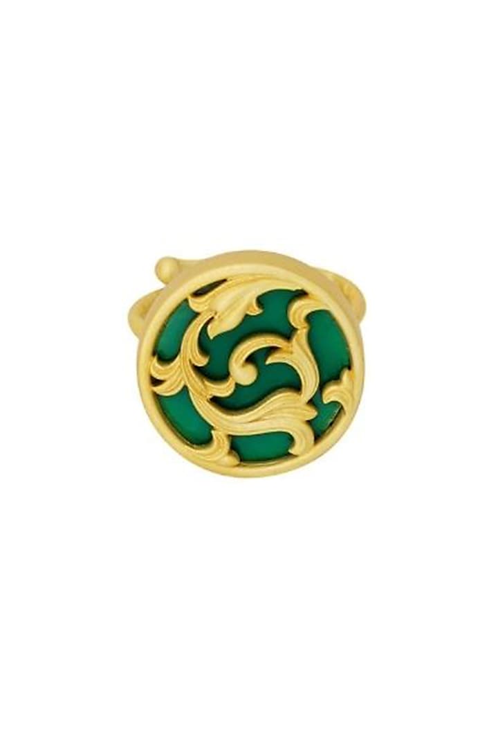 Gold Plated Green Enameled Floral Disc Ring by Melrosia at Pernia's Pop Up Shop