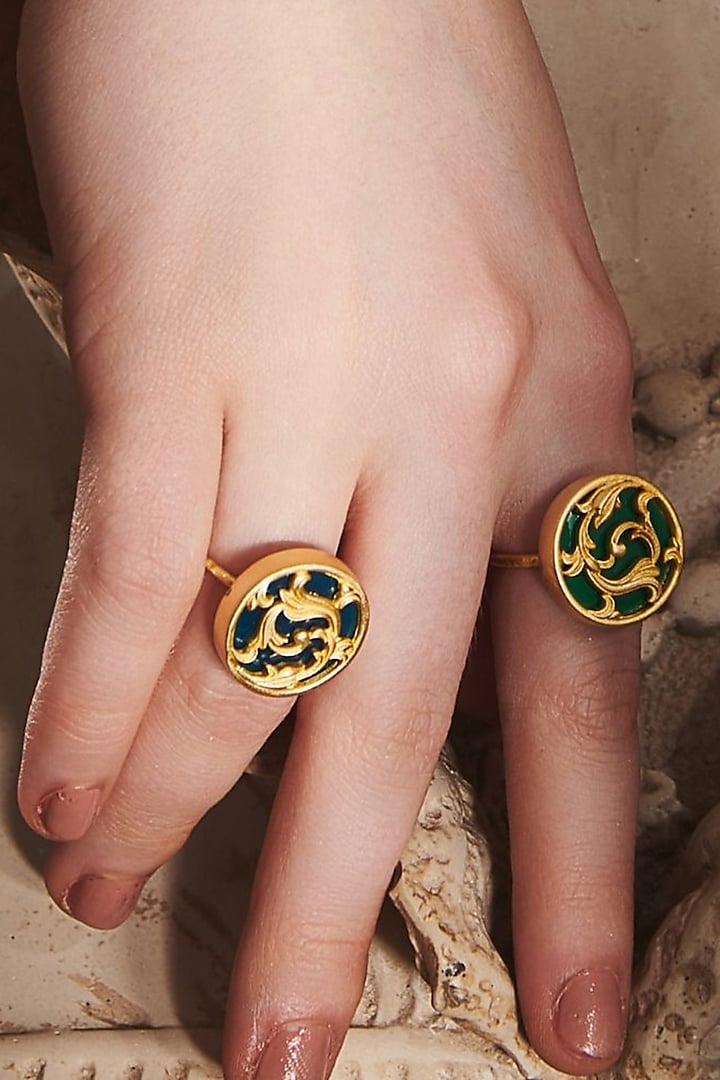 Gold Plated Blue Enameled Floral Disc Ring by Melrosia at Pernia's Pop Up Shop