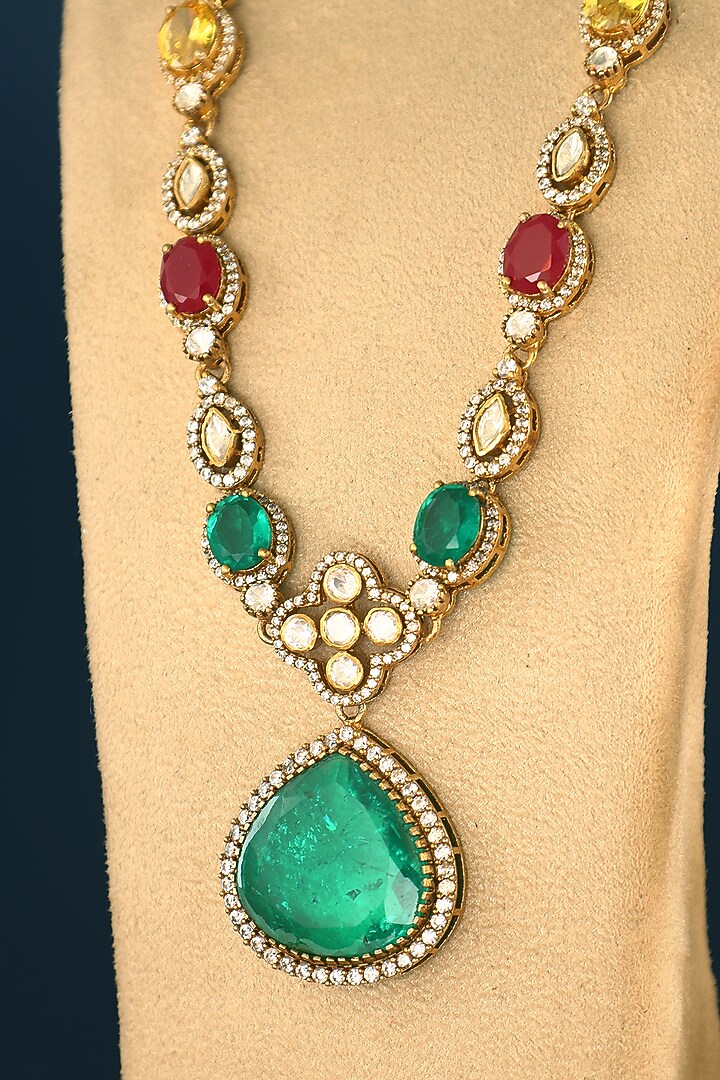 Gold Finish Emerald & Ruby Temple Necklace Set In Sterling Silver by Mero at Pernia's Pop Up Shop