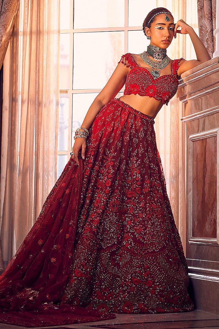 Maroon Organza Hand & Machine Embroidered Bridal Lehenga Set by Kalighata at Pernia's Pop Up Shop