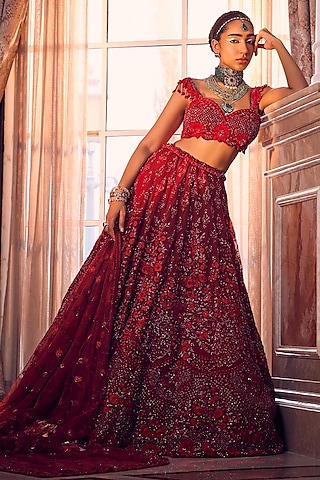 Maroon Organza Hand & Machine Embroidered Lehenga Set by Kalighata