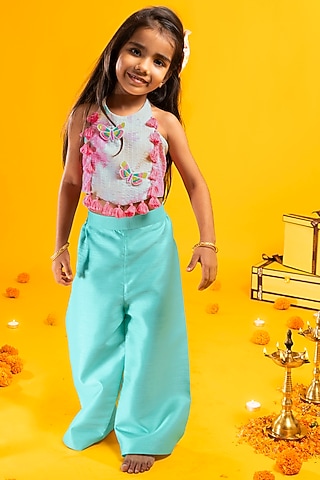 Aqua Green Cotton Silk Pant Set For Girls by Metaphor Kids