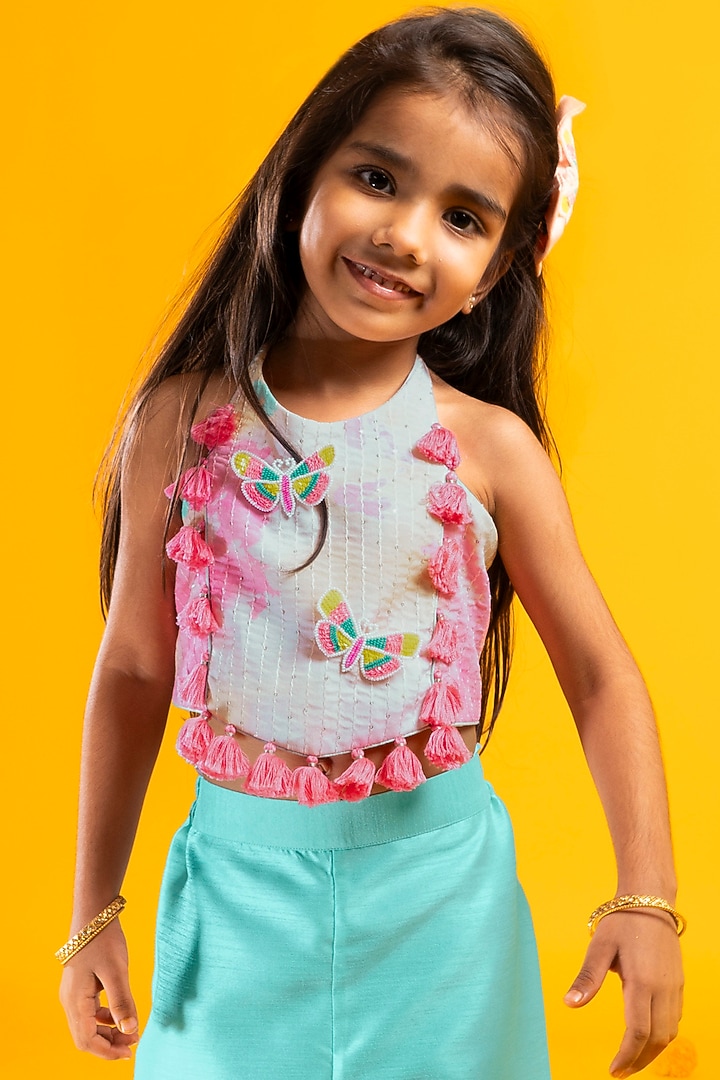 Aqua Green Cotton Silk Pant Set For Girls by Metaphor Kids at Pernia's Pop Up Shop