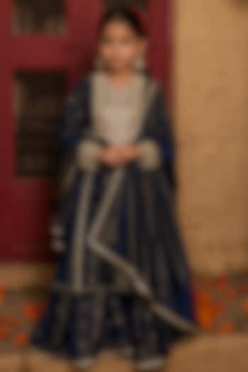Blue Banarasi Silk Tissue Blend Sharara Set For Girls by Mei & Zu at Pernia's Pop Up Shop