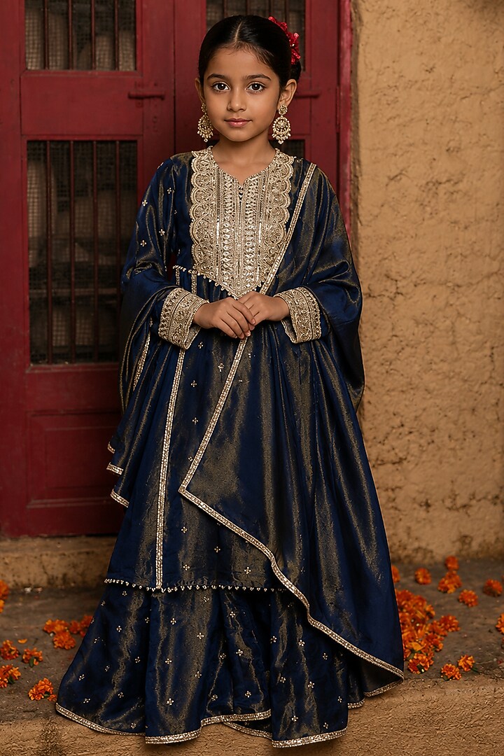 Blue Banarasi Silk Tissue Blend Sharara Set For Girls by Mei & Zu at Pernia's Pop Up Shop