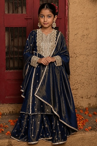 Blue Banarasi Silk Tissue Blend Sharara Set For Girls by Mei & Zu