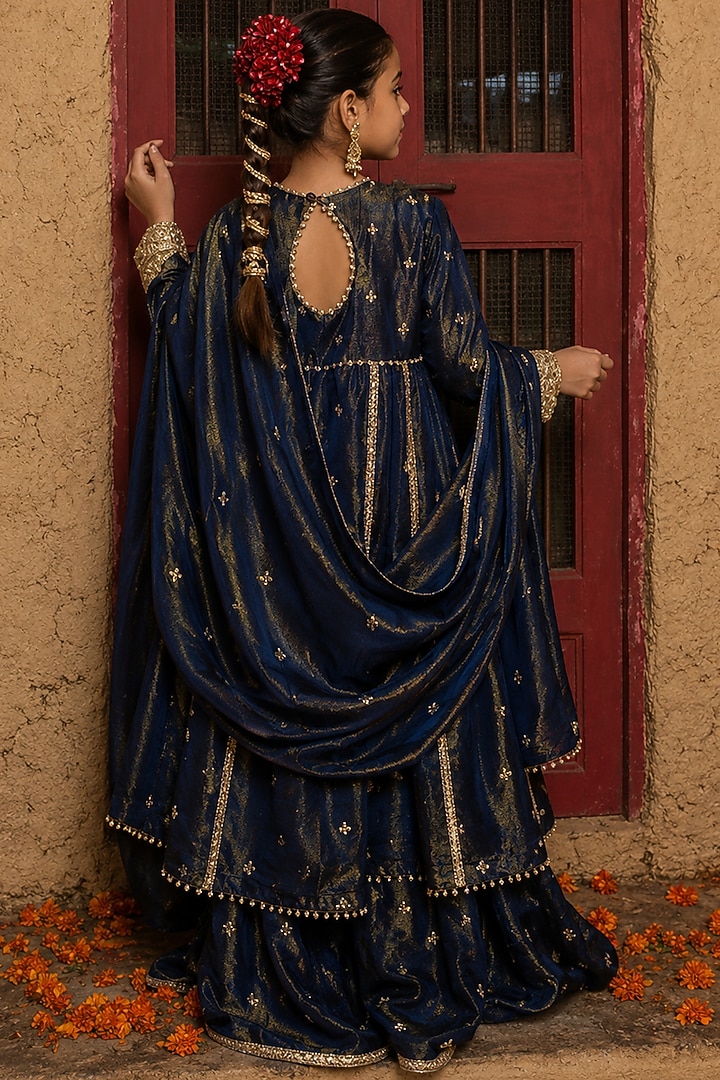Blue Banarasi Silk Tissue Blend Sharara Set For Girls by Mei & Zu at Pernia's Pop Up Shop