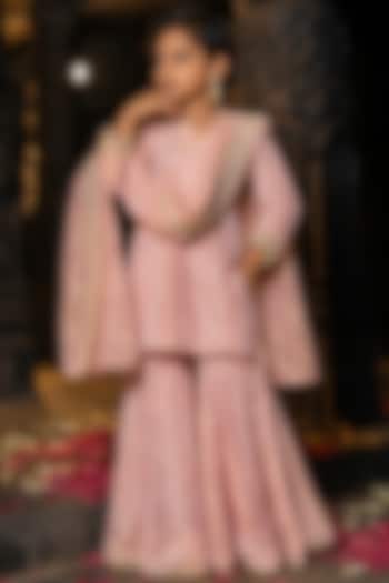 Blush Pink Banarasi Silk Tissue Blend Sharara Set For Girls by Mei & Zu at Pernia's Pop Up Shop