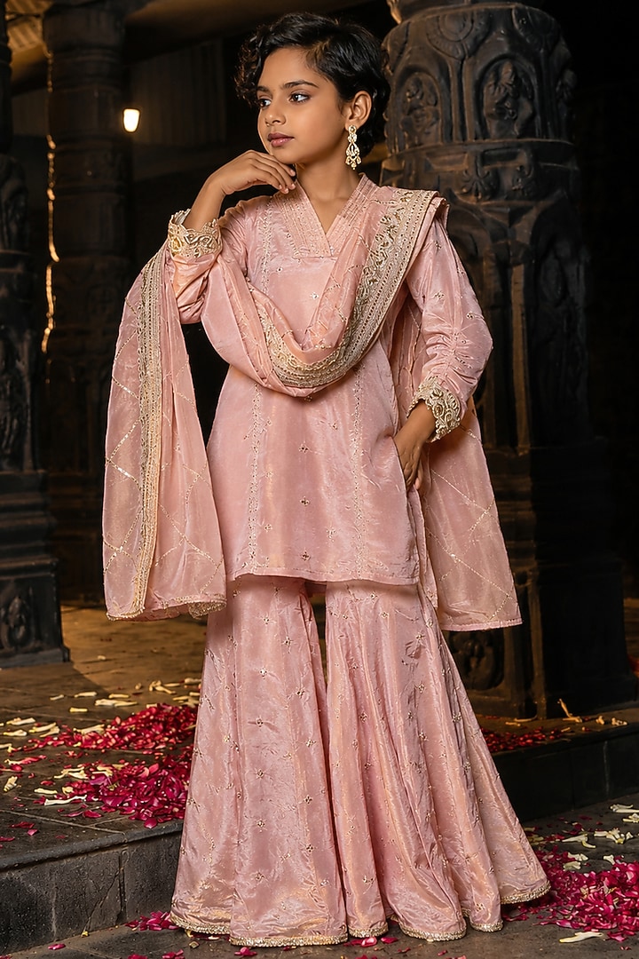 Blush Pink Banarasi Silk Tissue Blend Sharara Set For Girls by Mei & Zu at Pernia's Pop Up Shop