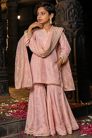 Blush Pink Banarasi Silk Tissue Blend Sharara Set For Girls by Mei & Zu