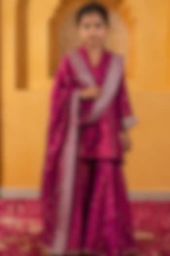 Rani Pink Banarasi Silk Tissue Blend Sharara Set For Girls by Mei & Zu at Pernia's Pop Up Shop