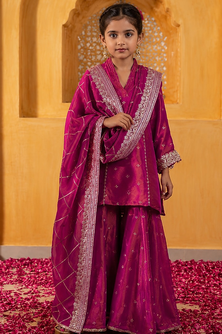 Rani Pink Banarasi Silk Tissue Blend Sharara Set For Girls by Mei & Zu at Pernia's Pop Up Shop