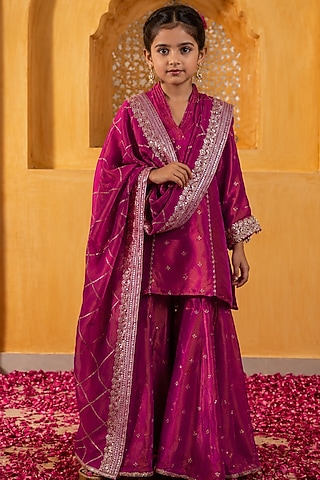 Rani Pink Banarasi Silk Tissue Blend Sharara Set For Girls by Mei & Zu