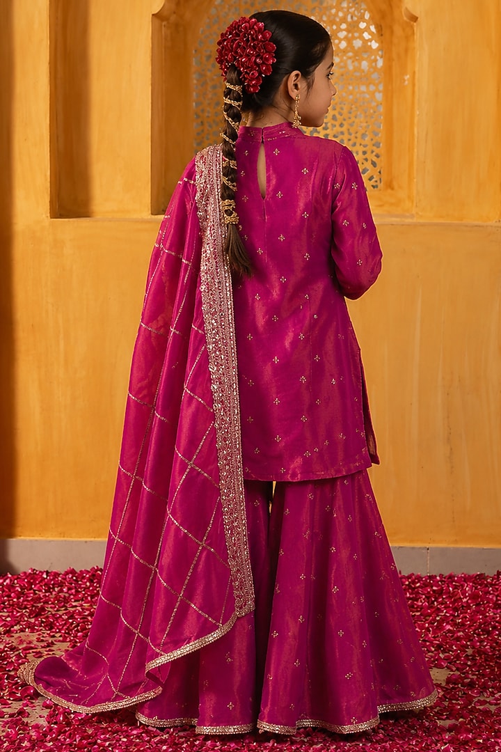 Rani Pink Banarasi Silk Tissue Blend Sharara Set For Girls by Mei & Zu at Pernia's Pop Up Shop