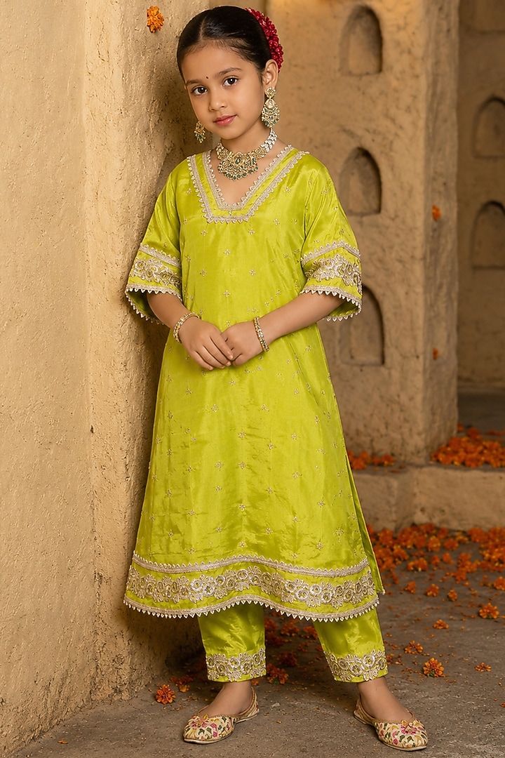Lime Green Banarasi Silk Tissue Blend Embroidered Kurta Set For Girls by Mei & Zu at Pernia's Pop Up Shop