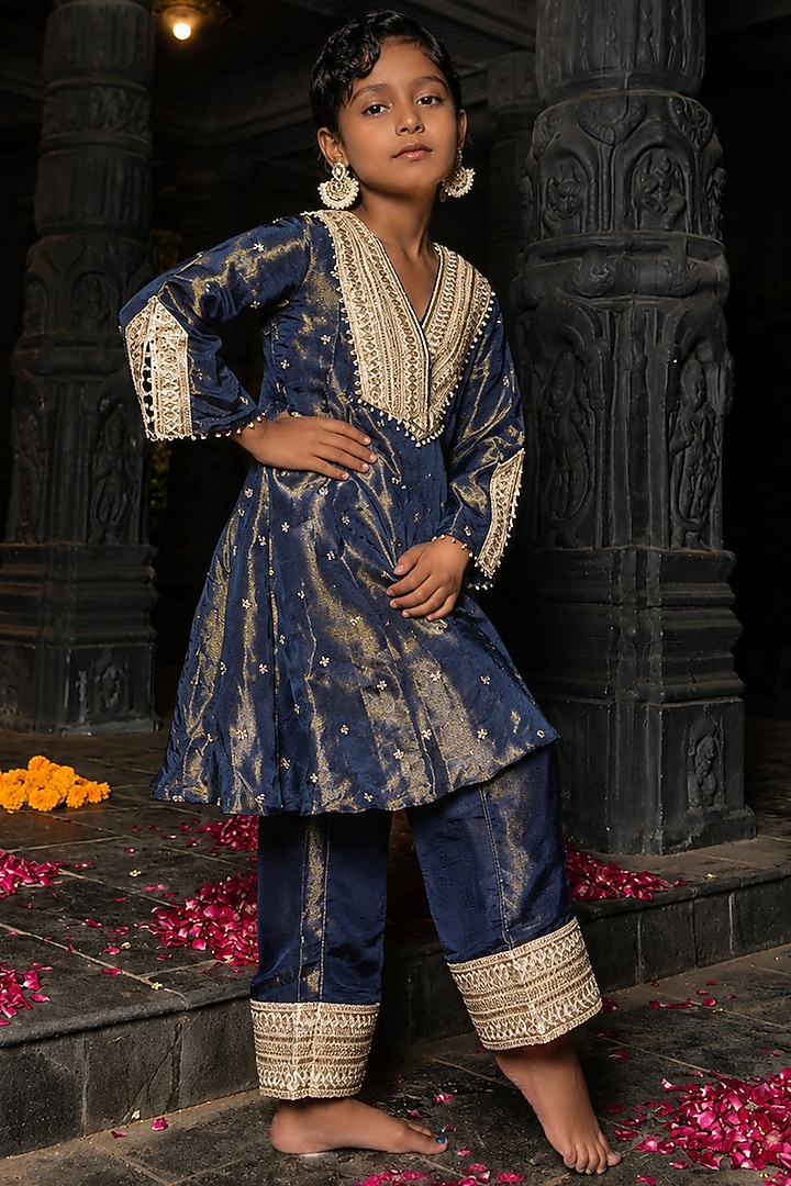 Blue Banarasi Silk Tissue Blend Embroidered Kurta Set For Girls by Mei & Zu at Pernia's Pop Up Shop