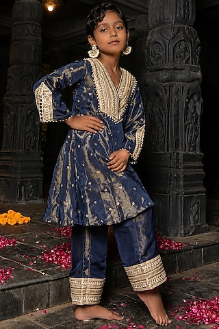 Blue Banarasi Silk Tissue Blend Embroidered Kurta Set For Girls by Mei & Zu