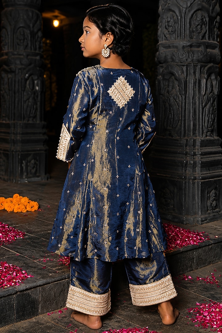 Blue Banarasi Silk Tissue Blend Embroidered Kurta Set For Girls by Mei & Zu at Pernia's Pop Up Shop