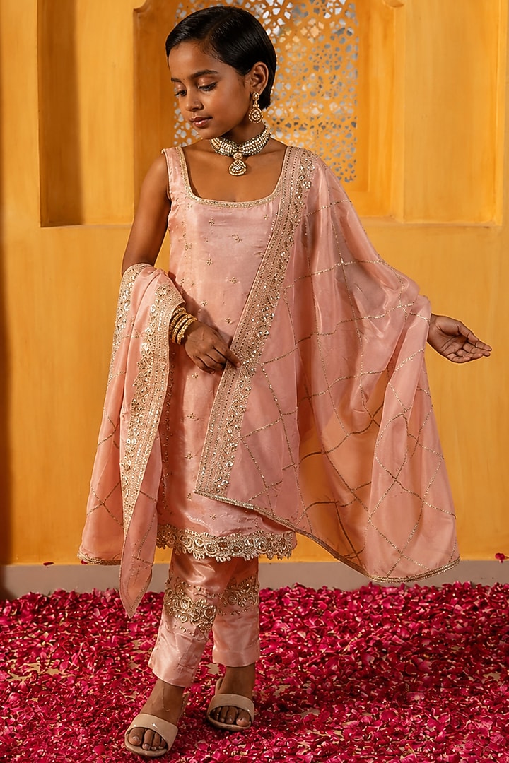 Blush Pink Banarasi Silk Tissue Blend Embroidered Kurta Set For Girls by Mei & Zu at Pernia's Pop Up Shop