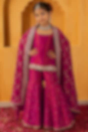 Rani Pink Banarasi Silk Tissue Blend Flared Sharara Set For Girls by Mei & Zu at Pernia's Pop Up Shop