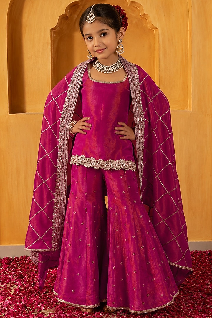 Rani Pink Banarasi Silk Tissue Blend Flared Sharara Set For Girls by Mei & Zu at Pernia's Pop Up Shop