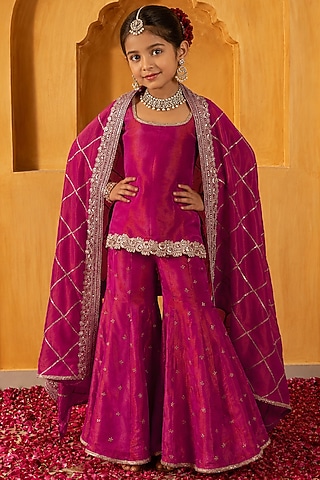 Rani Pink Banarasi Silk Tissue Blend Flared Sharara Set For Girls by Mei & Zu