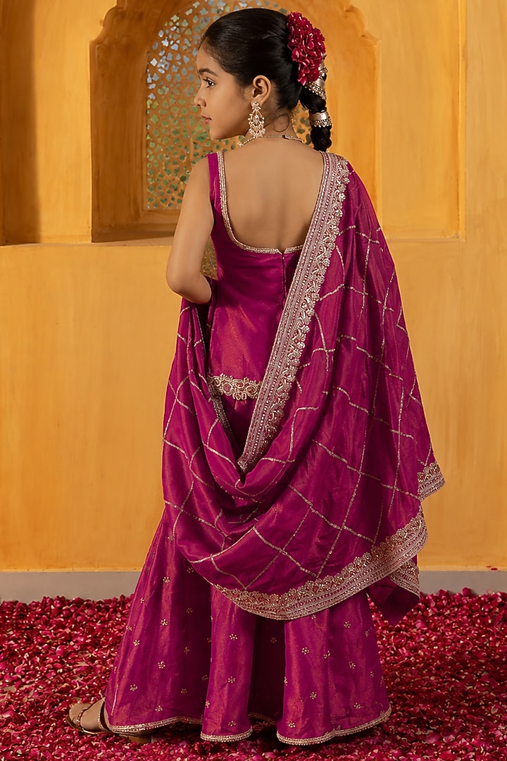 Rani Pink Banarasi Silk Tissue Blend Flared Sharara Set For Girls by Mei & Zu at Pernia's Pop Up Shop