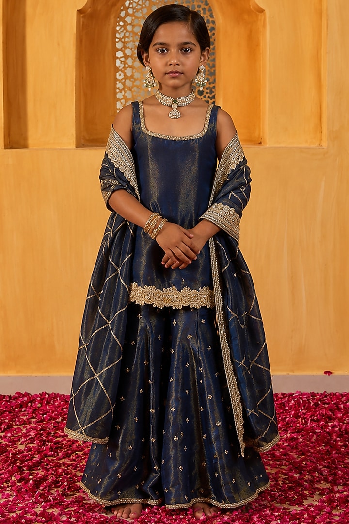 Blue Banarasi Silk Tissue Blend Sharara Set For Girls by Mei & Zu at Pernia's Pop Up Shop