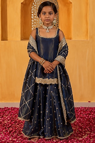 Blue Banarasi Silk Tissue Blend Sharara Set For Girls by Mei & Zu