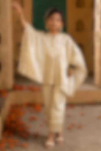 Gold Banarasi Silk Tissue Blend Kasab Embroidered Co-Ord Set For Girls by Mei & Zu at Pernia's Pop Up Shop