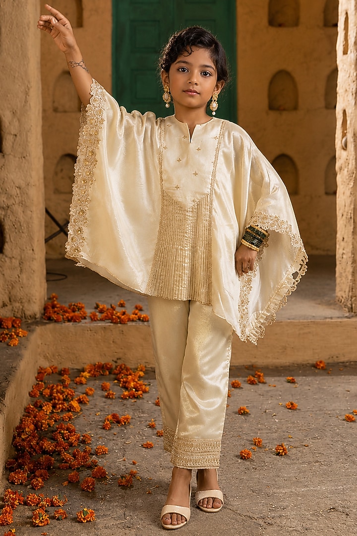 Gold Banarasi Silk Tissue Blend Kasab Embroidered Co-Ord Set For Girls by Mei & Zu at Pernia's Pop Up Shop