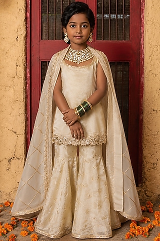 Gold Banarasi Silk Tissue Blend Sharara Set For Girls by Mei & Zu