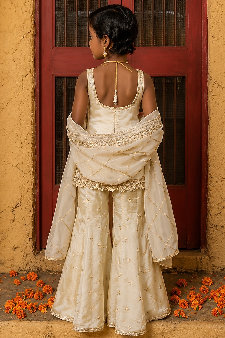 Gold Banarasi Silk Tissue Blend Sharara Set For Girls by Mei & Zu at Pernia's Pop Up Shop