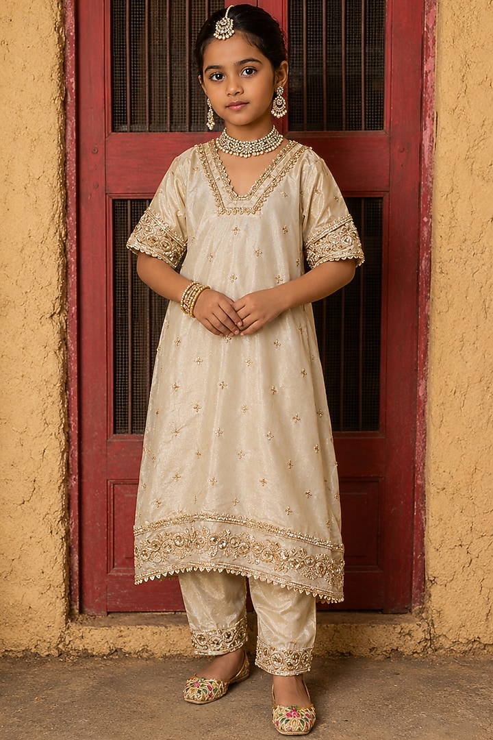 Gold Banarasi Silk Tissue Blend Embroidered Kurta Set For Girls by Mei & Zu at Pernia's Pop Up Shop