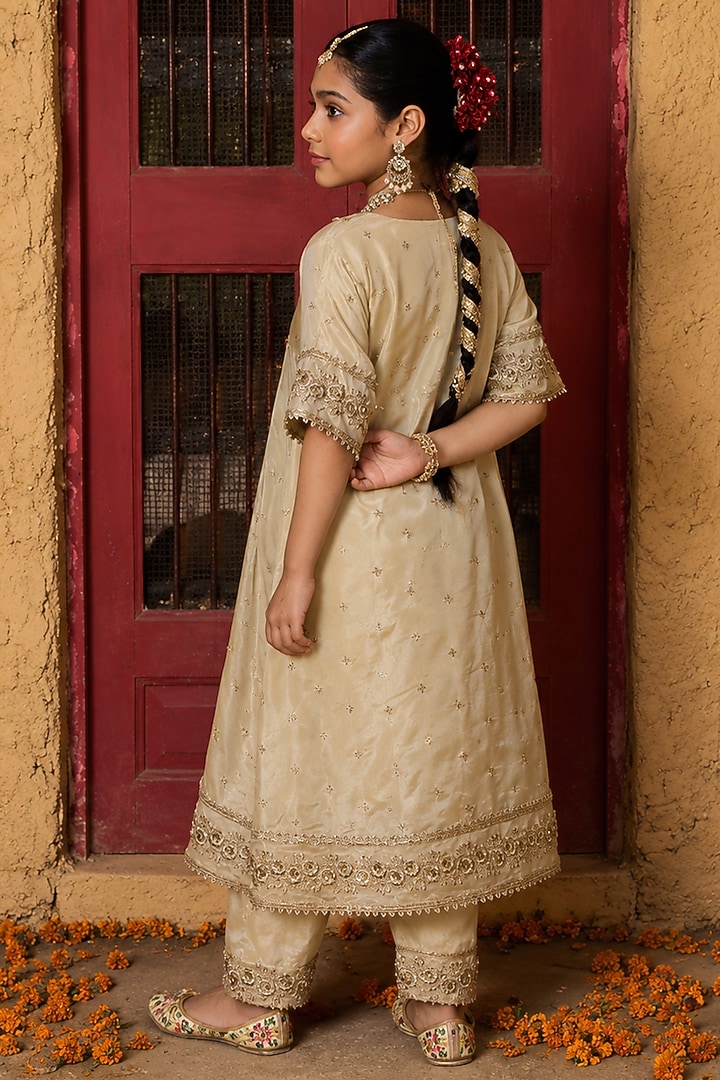 Gold Banarasi Silk Tissue Blend Embroidered Kurta Set For Girls by Mei & Zu at Pernia's Pop Up Shop