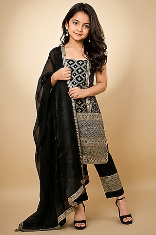 Black Bengaluru Silk Embroidered Kurta Set For Girls by Mei & Zu