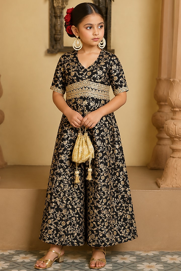Black Brocade Embroidered Jumpsuit For Girls by Mei & Zu at Pernia's Pop Up Shop