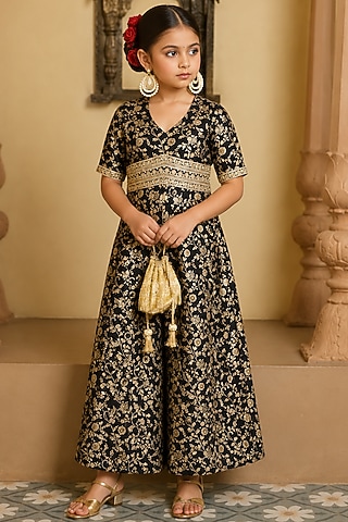 Black Brocade Embroidered Jumpsuit For Girls by Mei & Zu
