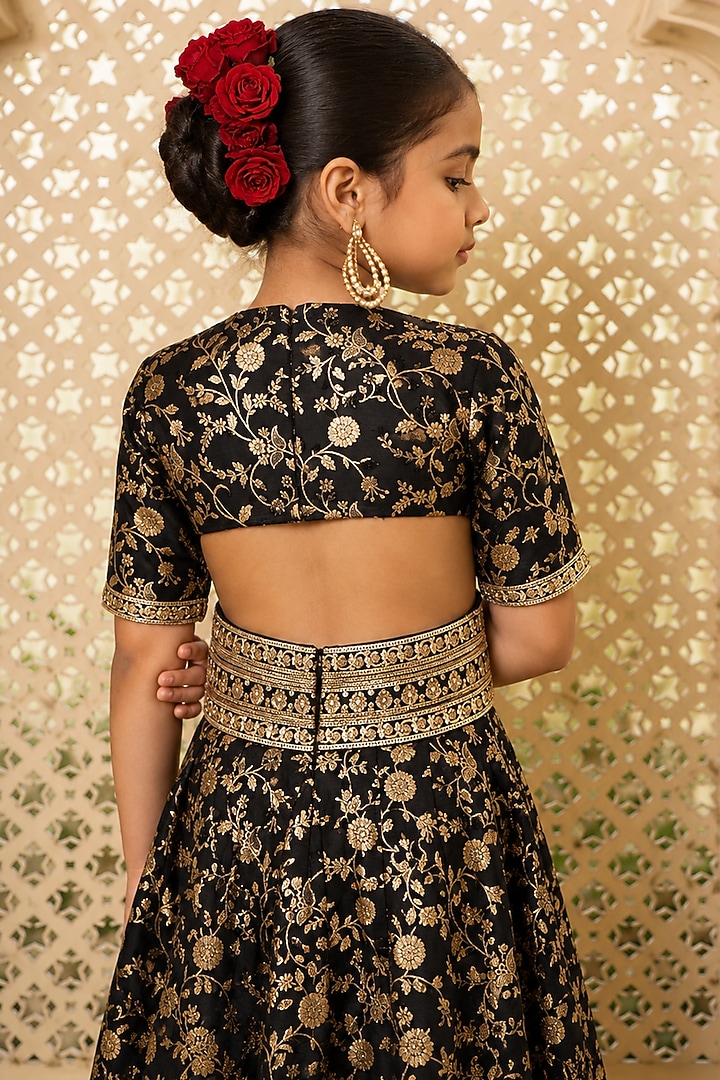 Black Brocade Embroidered Jumpsuit For Girls by Mei & Zu at Pernia's Pop Up Shop