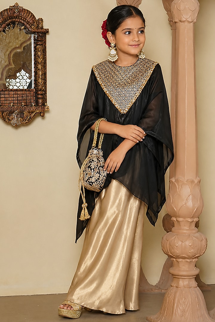 Black Organza Embroidered Cape Set For Girls by Mei & Zu at Pernia's Pop Up Shop