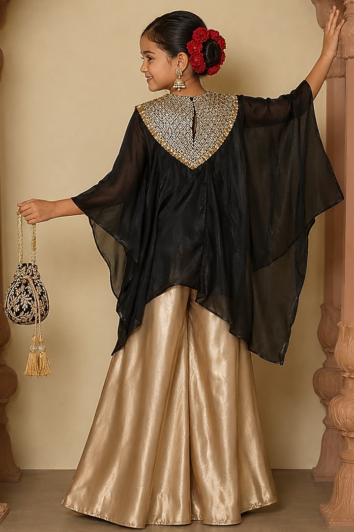 Black Organza Embroidered Cape Set For Girls by Mei & Zu at Pernia's Pop Up Shop