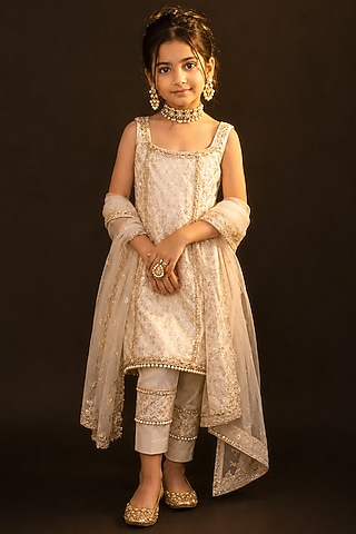 White & Gold Brocade Kurta Set For Girls by Mei & Zu