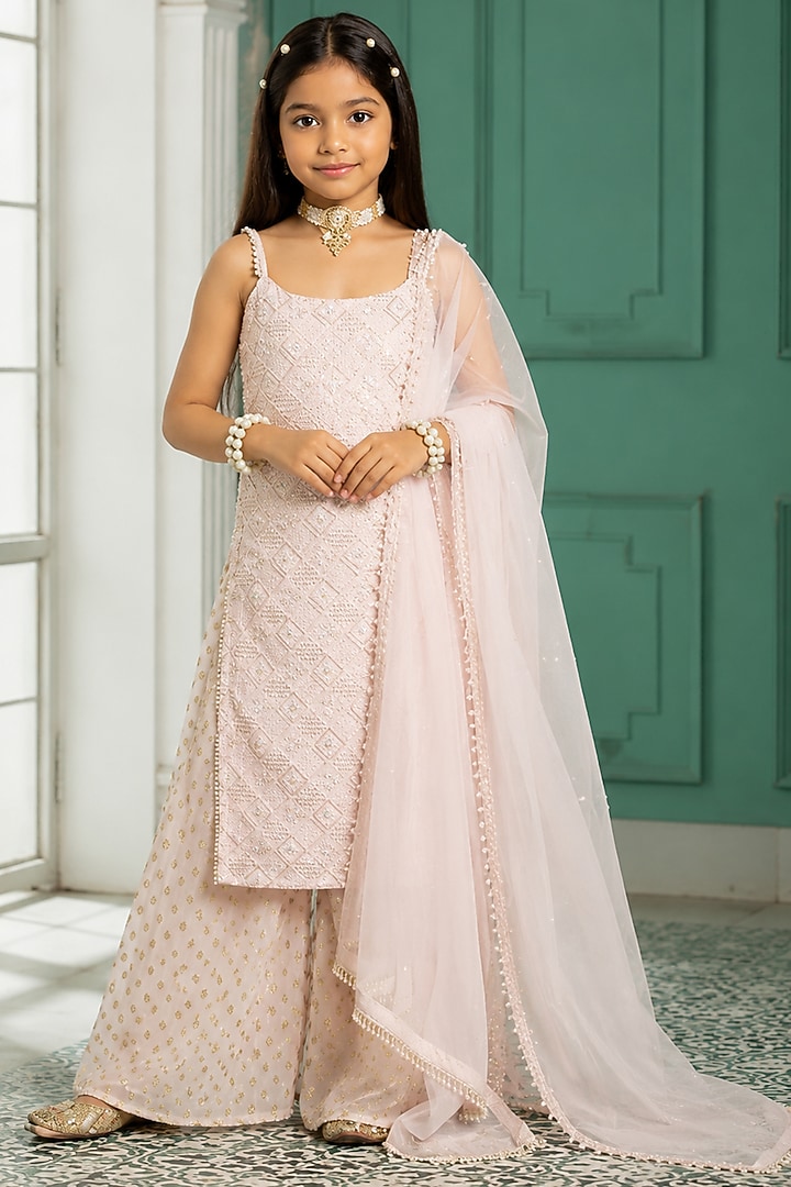Pink Georgette Sequins Embroidered Kurta Set For Girls by Mei & Zu at Pernia's Pop Up Shop