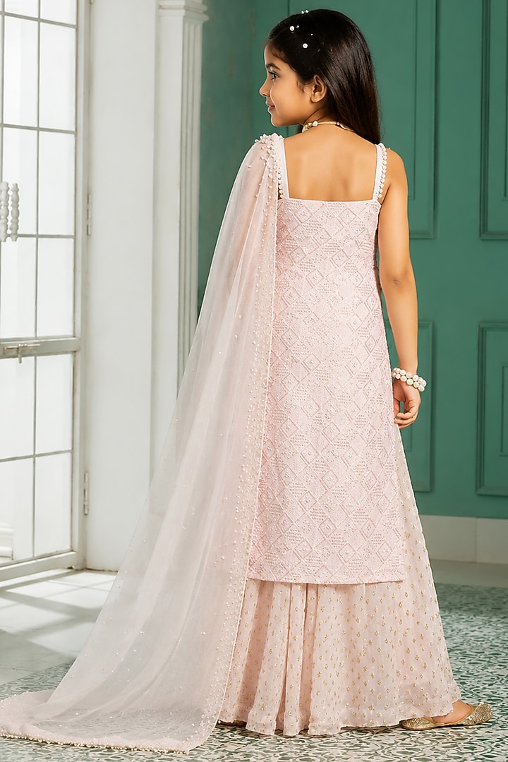 Pink Georgette Sequins Embroidered Kurta Set For Girls by Mei & Zu at Pernia's Pop Up Shop