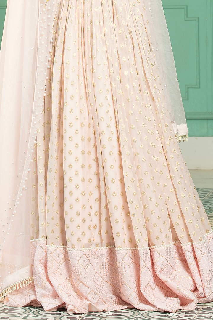 Pink Georgette Embroidered Pleated Lehenga Set by Monk & Mei at Pernia's Pop Up Shop
